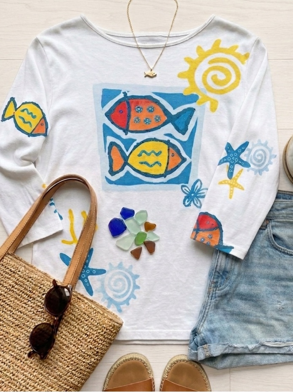 Jess & Jane Tropical Fish Embellished Top Cotton Long Sleeve Artsy Boho L